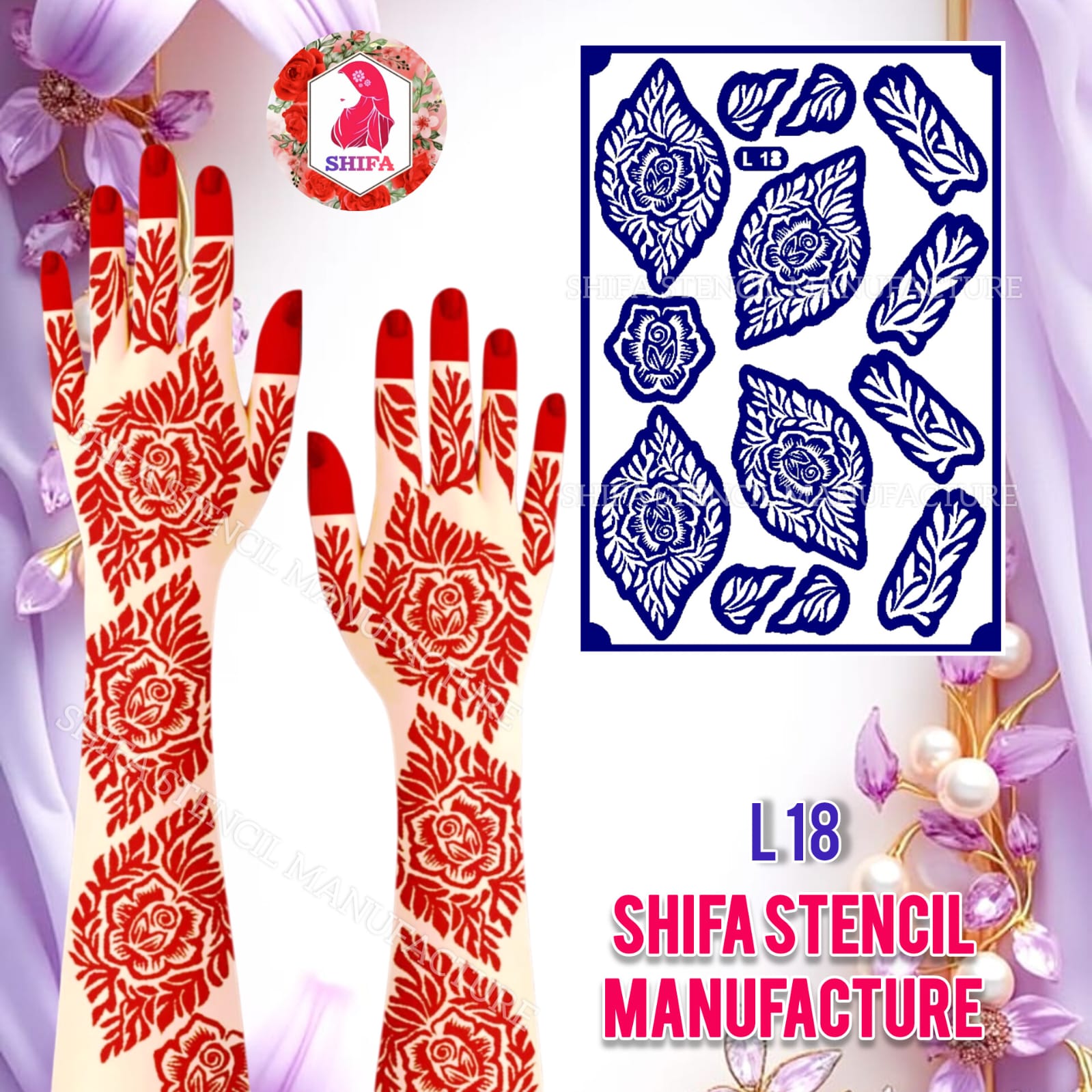 L 18 – Leafy Bloom Elegance Sticker Overview Henna Stencil - Shifa Stencil